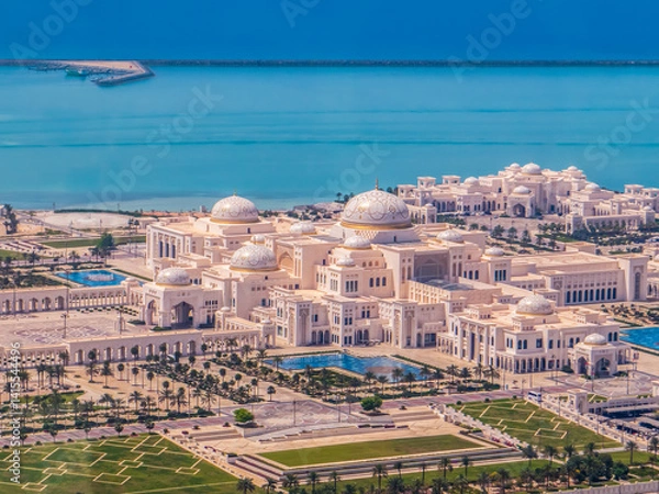 Obraz Abu Dhabi, UAE: Aerial view of majestic white Qasr Al Watan royal palace and president residency.