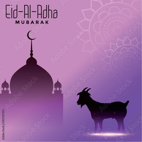 Fototapeta Eid Al Adha Mubarak with Mosque, Stars and Lanterns as Background