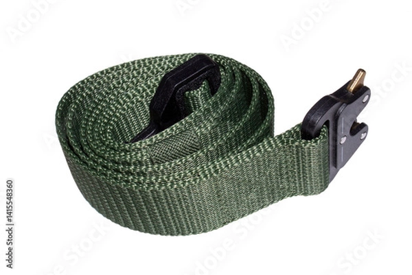 Fototapeta Tactical olive-colored belt on a white background.Nylon army olive waist belt.A belt with a molle system and a cobra clasp.