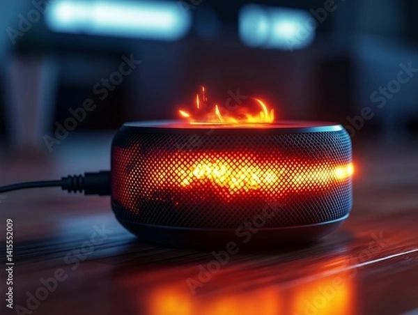 Fototapeta Smart Speaker Experiences Malfunction and Begins to Catch Fire Indoors