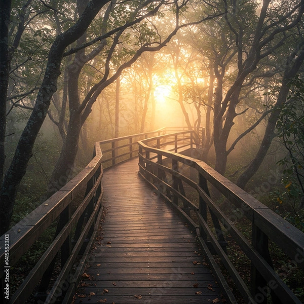 Fototapeta Elevated wooden path winding through a misty forest at sunrise, creating a serene and inviting atmosphere.