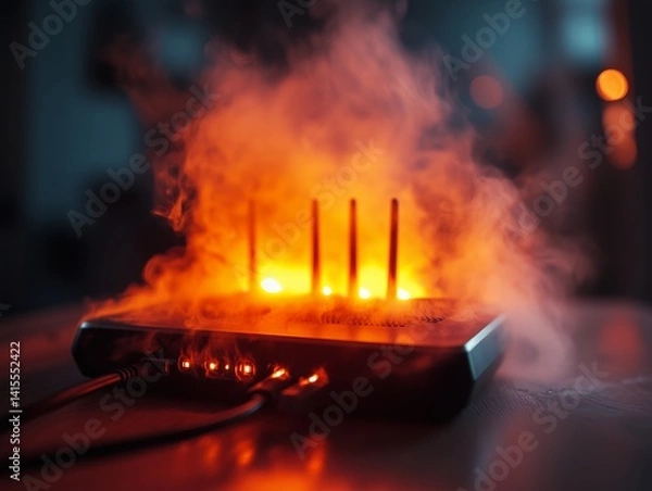 Fototapeta Wi-Fi Router Overheats Causing Smoke and Potential Fire Hazard