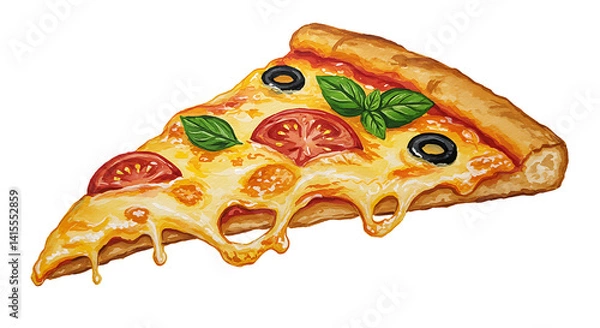 Fototapeta Delicious pizza slice with tomato basil and cheese illustration isolated on transparent background