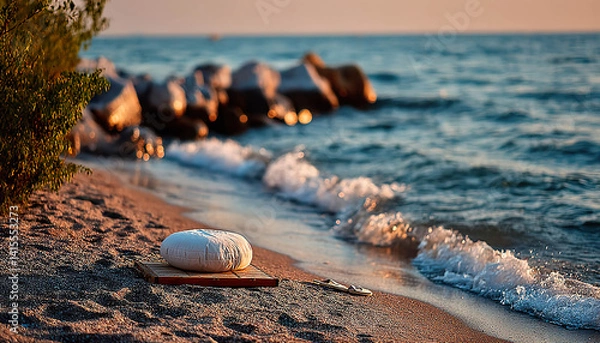 Fototapeta White meditation cushion by the sea with sandals and gentle waves on a quiet beach. Generated with AI