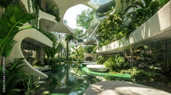 Obraz Modern architectural design featuring lush greenery and water features in a serene tropical environment