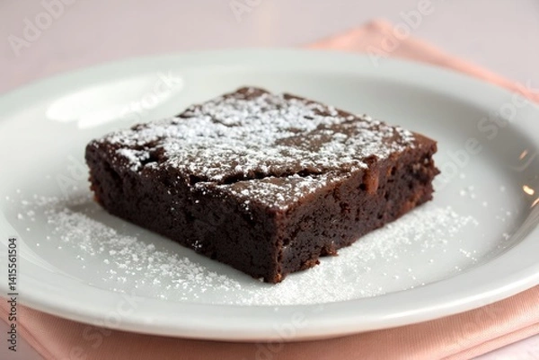 Fototapeta A chocolate brownie with a dusting of powdered sugar on a white plate, isolated on soft pastel background