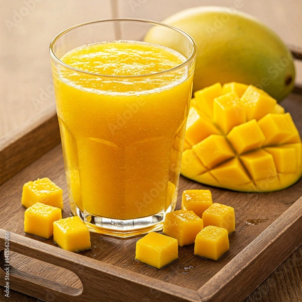 Fototapeta Glass of refreshing mango juice and diced mango fruit arranged on a wooden tray.