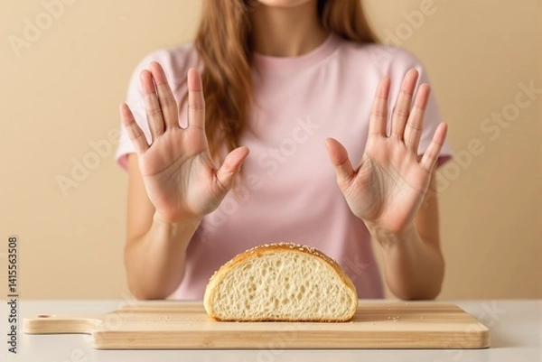 Fototapeta Woman with hands up rejecting bread on board, creative style, beige background. Concept of gluten-free diet, food intolerance, or healthy lifestyle. Ai generative