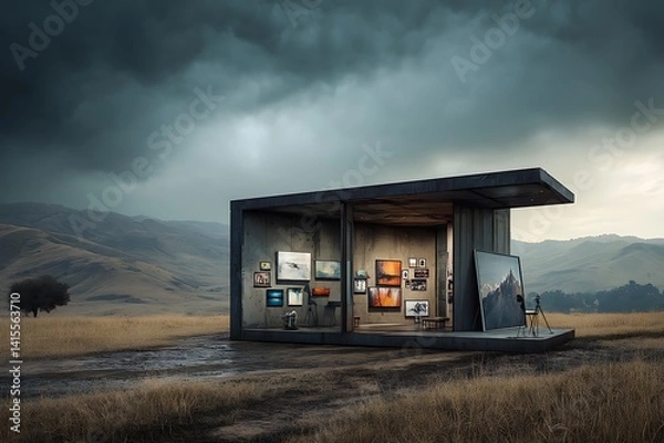 Obraz A solitary modern art gallery stands in a vast, desolate landscape under a stormy sky, showcasing diverse artworks.