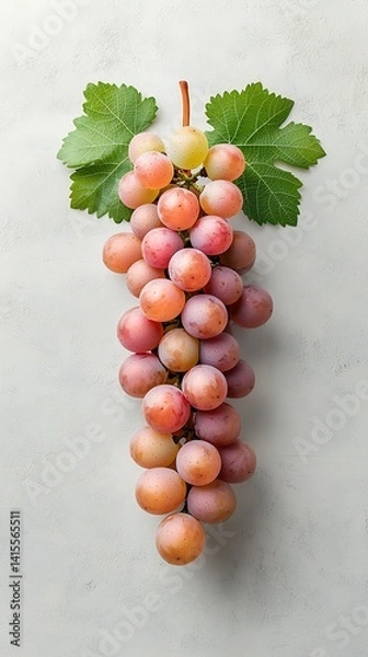 Fototapeta Overhead shot of a cluster of grapes, green leaves, and stem on a marble surface