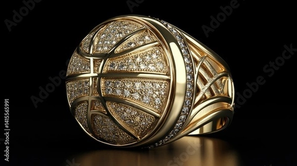Fototapeta Luxurious gold championship ring designed in the shape of a basketball, showcasing intricate diamond details against a dark backdrop