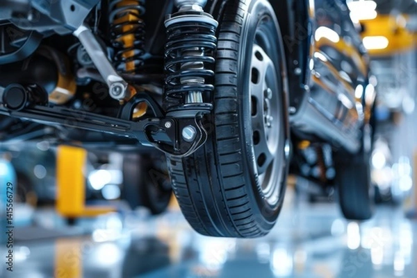 Obraz The structure of the modern car. Rear suspension. Shock absorber. Spring suspension