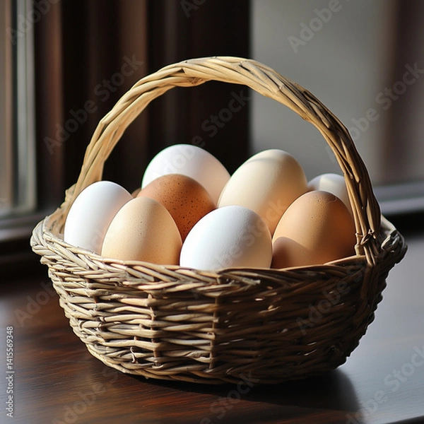 Fototapeta Brown and white eggs in a wicker basket.