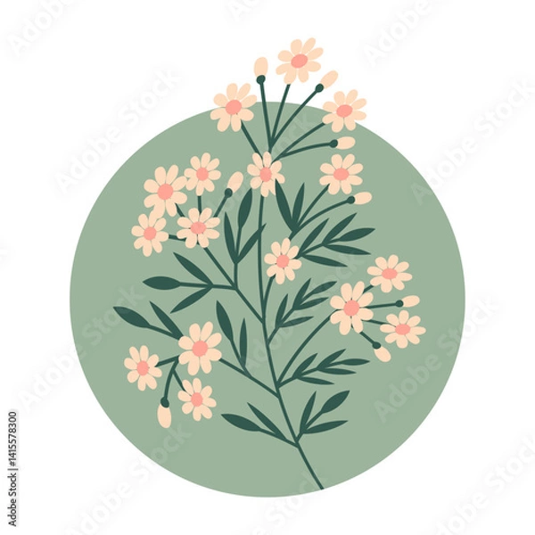Fototapeta Beautiful composition with small light flowers on a green branch with leaves in a circle in retro color. Vector illustration.