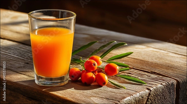 Obraz Seabuckthorn Juice and Fresh Berries on Rustic Wooden Table
