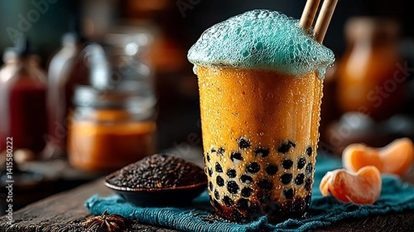 Fototapeta Colorful boba drink with teal foam, in a clear cup, with a side of ingredients