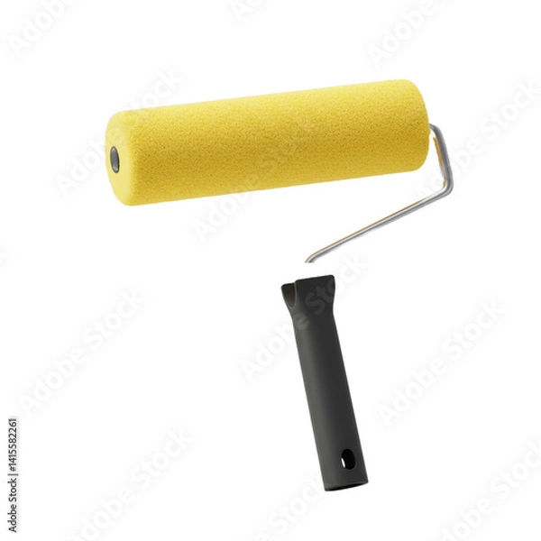 Fototapeta A yellow paint roller floats above its detached black handle on a solid black background