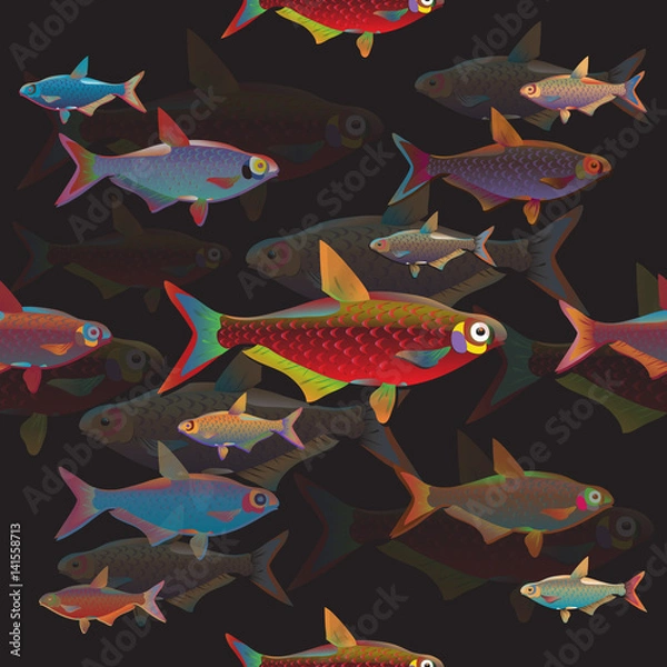Fototapeta Seamless decorative fish background set.