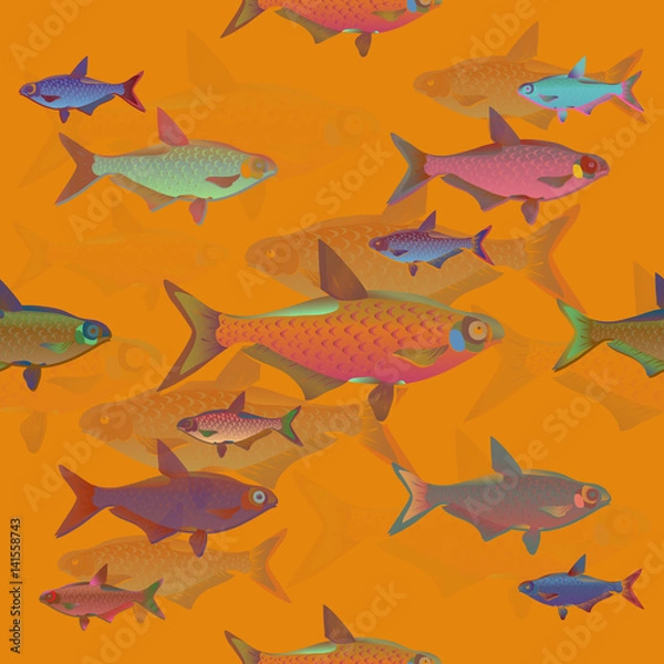 Fototapeta Seamless decorative fish background set.
