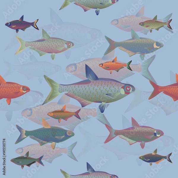 Fototapeta Seamless decorative fish background set.