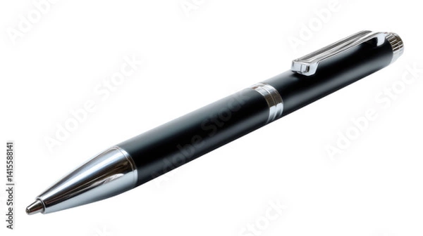 Fototapeta Sleek Black Ballpoint Pen: A sophisticated black ballpoint pen with silver accents, isolated on a white background, showcasing its elegant design and professional appeal.
