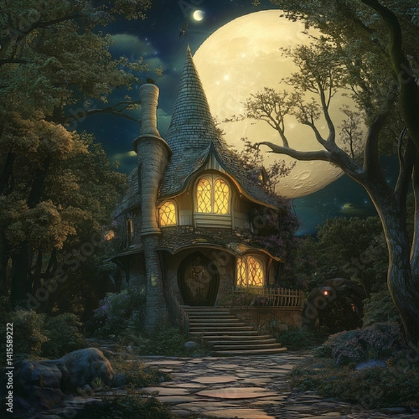 Fototapeta Fantasy enchanted fairy tale house or castle in magical forest with huge moon. digital ar