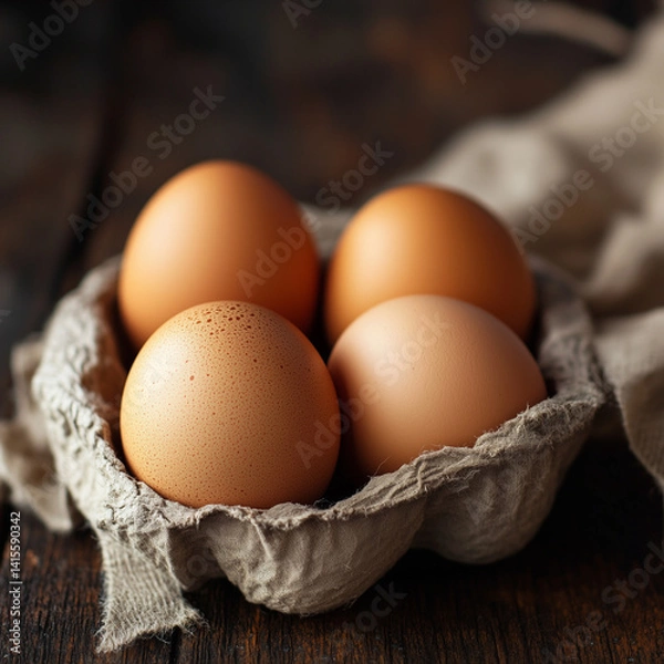 Fototapeta Fresh brown eggs on rustic table