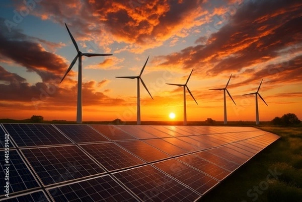 Obraz Renewable Energy Landscape at Sunset with Wind Turbines and Solar Panels in a Vibrant Sky