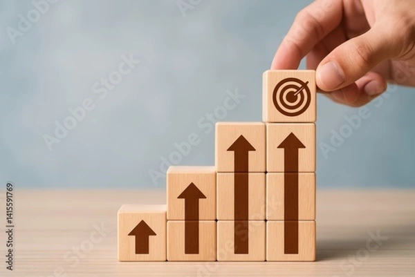 Fototapeta Achieving Business Growth Through Strategic Planning and Target Setting Using Wooden Blocks and Arrows