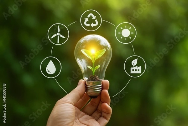 Fototapeta Sustainable Energy Concept with Light Bulb and Plant Symbolizing Eco-Friendly Innovation, Renewable Resources, and Environmental Awareness