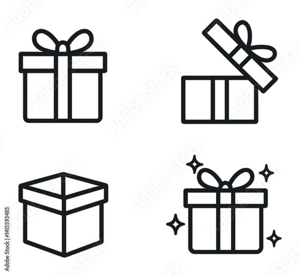 Fototapeta Minimalist gift box icon set: unwrapping, presenting, celebrating, sparkling in linear style