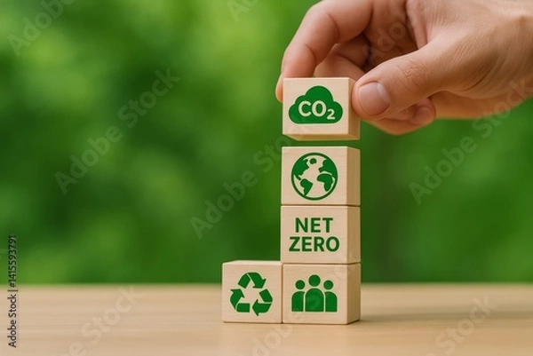 Fototapeta Building Sustainable Futures with CO2 Emission Reduction and Net Zero Goals Using Eco-Friendly Building Blocks for a Greener Tomorrow