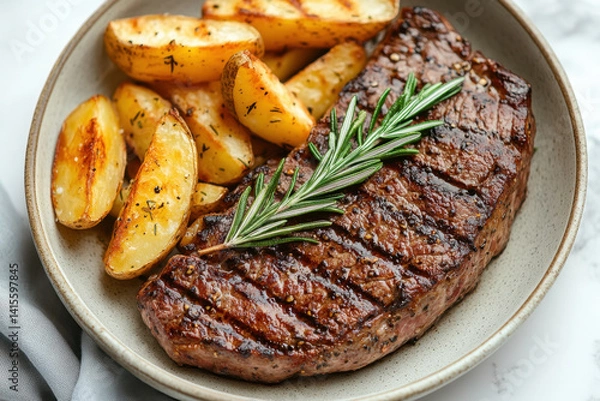 Fototapeta Plate of steak and potatoes on marble table, garnished with fresh herbs, creating an appetizing and classy meal presentation.