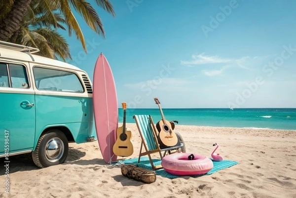 Fototapeta A carefree beach vacation unfolds beside a vintage van, guitars ready, surfboard waiting, and inflatable fun adding to the summer's joyful vibe under a sunny sky.