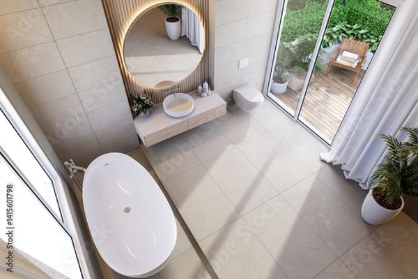 Fototapeta Aerial view of modern contemporary bathroom with terrace and nature view 3d render, There are marble tile floor and wall large window overlooking garden view view