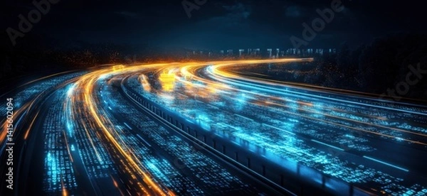 Fototapeta High-tech transportation with data visual effects. Modern truck driving through a digitized network environment