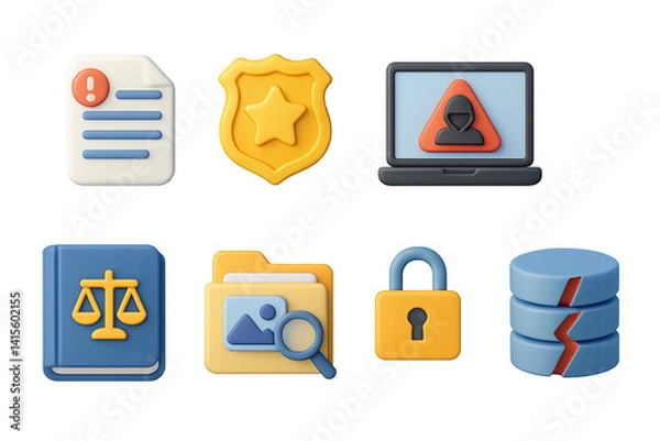 Obraz 3D icon set of cybercrime prevention: report icon, police badge, hacker alert, fraud chart, illegal access, cyber law book, evidence folder, data breach. 3d icon. Generated icons set of 3d style in a