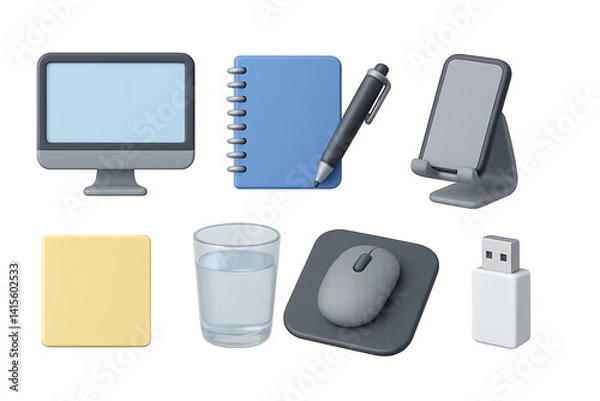 Fototapeta 3D icon set of desktop essentials: monitor, notebook, pen, phone stand, USB drive, sticky note, water glass, mousepad. 3d icon. Generated icons set of 3d style in a modern design. Isolated