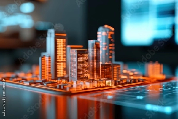 Fototapeta Futuristic real estate showcase presenting interactive digital blueprints of smart city