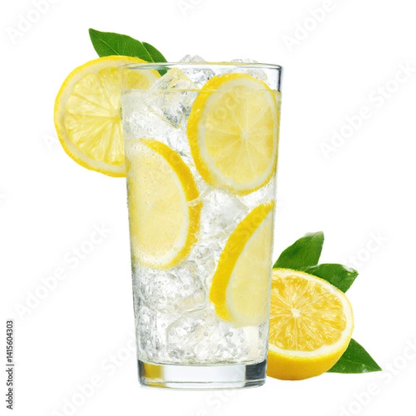 Fototapeta Tall glass filled with ice and lemon slices with lemon and leaves beside it