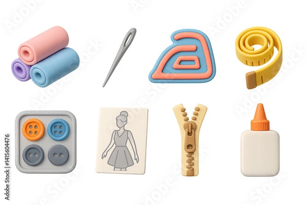 Fototapeta 3D icon set of fashion DIY: fabric rolls, sewing needle, iron patch, measuring tape, button kit, fashion sketch, zipper, glue bottle. 3d icon. Generated icons set of 3d style in a modern design.
