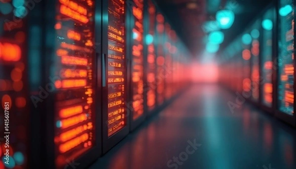 Fototapeta Data center servers illuminated in red, blue neon lights. Business finance tech background. Network database servers, data processing, digital information storage. Modern technology. Cyberspace.