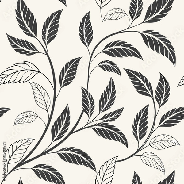 Fototapeta Monochrome leaves forming a seamless elegant pattern for textile