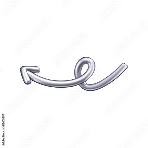 Fototapeta 3D chrome doodle arrow in Y2K style, isolated on a dark background. Render of 3D chrome liquid curve and swirl arrow, rotating up, down, and right with a metal silver effect. 3D vector Y2K figure