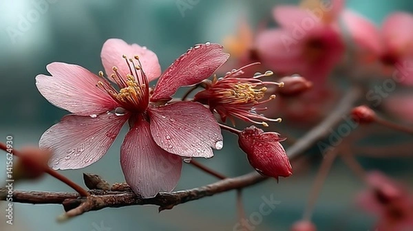 Fototapeta Pink flower close-up with water droplets on petals, buds in soft focus