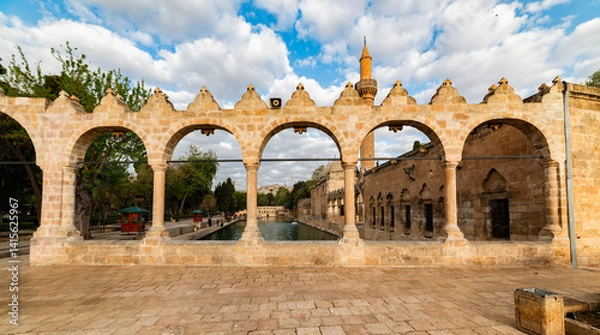 Fototapeta Balikligol (Fish Lake) in Sanliurfa, Turkey. Halil-ur Rahman Lake and Rizvaniye Mosque view. Balikligol the most visited places in Sanliurfa. .