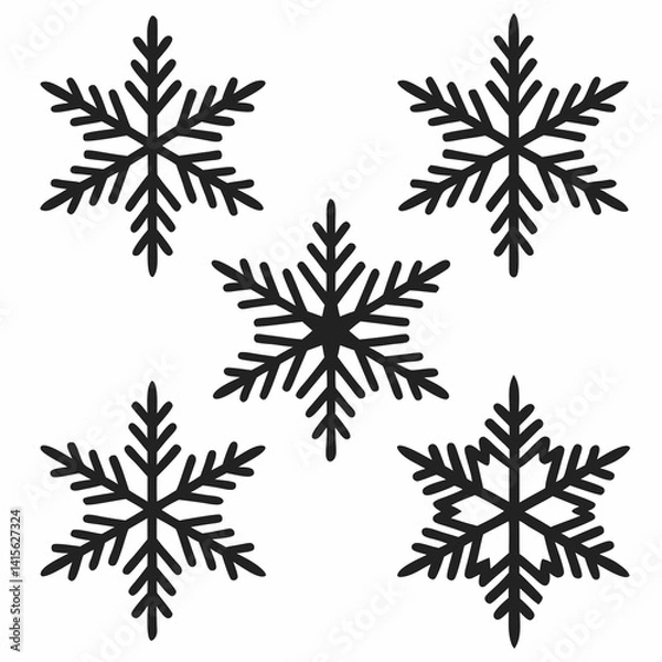 Fototapeta Set of Five Black Silhouette Snowflakes in Various Styles