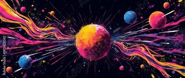 Fototapeta Dramatic cosmic scene featuring a central planet emitting energy rays and colorful flowing streams. Vibrant spheres in blue, pink, and orange float against a black background with starburst effects.