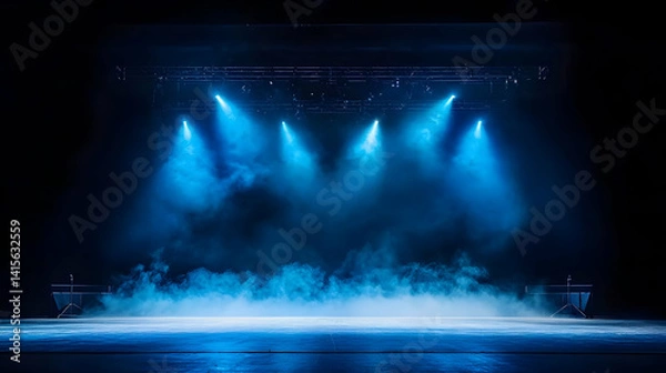 Fototapeta Empty Stage With Blue Stage Lighting And Smoke Effect