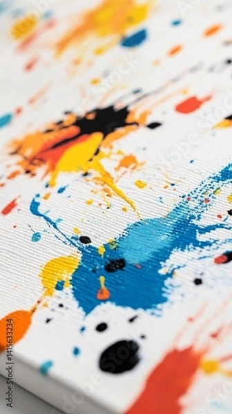 Fototapeta Vibrant abstract watercolor painting with dynamic splashes of blue, yellow, orange, and black creating an energetic and spontaneous artistic composition on canvas